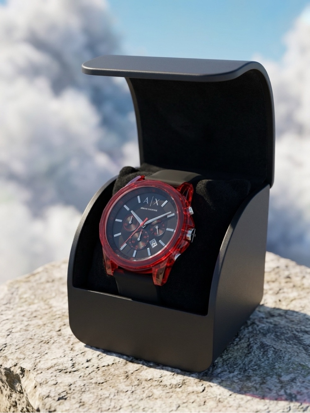 Armani Exchange Black Dial Chronograph Watch with Red Transparent Case - Picture 8 of 15